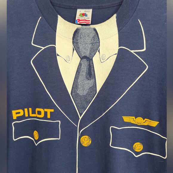Vintage 80s Pilot T-Shirt Airplane Blue Large 1981 All Over Print Single Stitch - Picture 3 of 6
